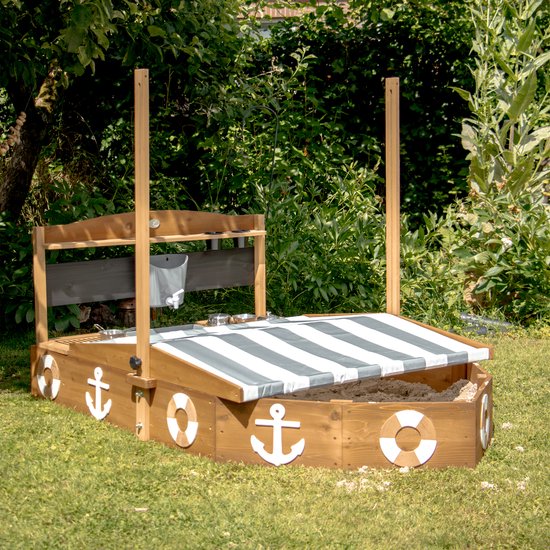 AXI Dora Boot zandbak met speelkeuken en dak (UV50) 160 x 100 cm Antraciet/bruin – Met krijtbord en opbergruimte - Inclusief gronddoek - 10 jaar garantie!