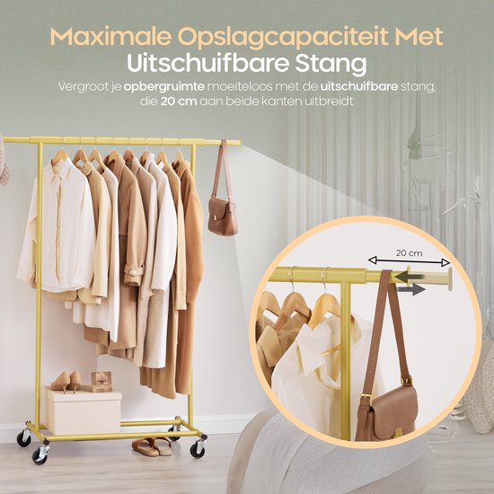 O'DADDY Kledingrek – Verstelbaar, 90 kg draagvermogen, met wielen – 132 x 49 x 160 cm – Goud