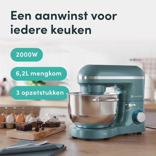 KitchenBrothers 2000W Keukenmachine - Keukenrobot - 6,2L - Mixer met Mengkom - Keukenmixer - Pastel Groen