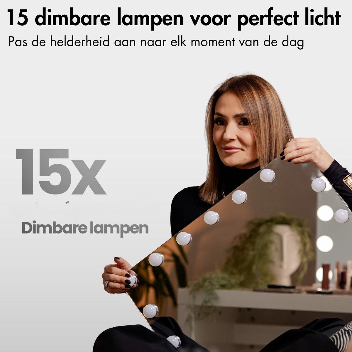 Sansbeauté® Hollywood Spiegel 58x43 cm - Make-up Spiegel - 15 LED Lampen - 10x Vergroting - Dimbaar - USB Oplaadpoort - Touch Control - Zwart