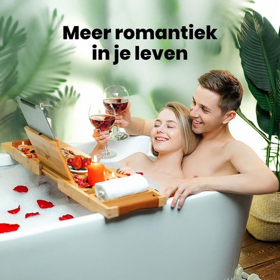 RelaxTub® Badplank - Badplank voor in Bad - Badrek - Verstelbaar - Anti Slip - Badplank Bamboe - Badplank Hout - Badrekje inclusief Boekenhouder, Tablethouder & Spiegel