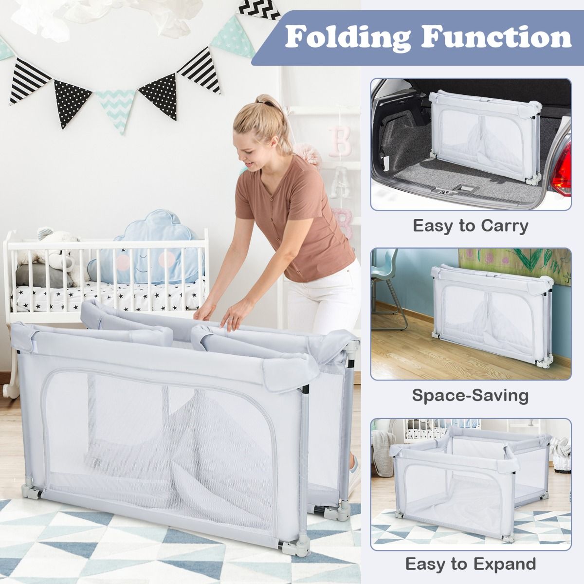 Coast Opvouwbare Babybox 124x124x70 cm Grijs met 50 Oceaanballen en 4 Handgrepen – Oxford Stof, Ademend Gaas