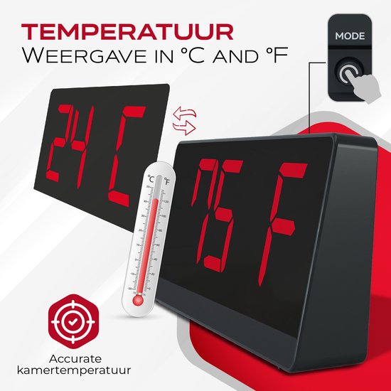 Caliber Digitale Wekker - Wekkers digitaal - Instelbare Snooze Tijd - Alarmklok - Dimbaar display - Digitale klok slaapkamer - USB Oplader