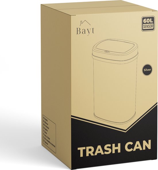Bayt Prullenbak - Prullenbak 60 Liter - Prullenbak met Sensor - Vuilnisbak - Afvalbak - Metaal - Zilver