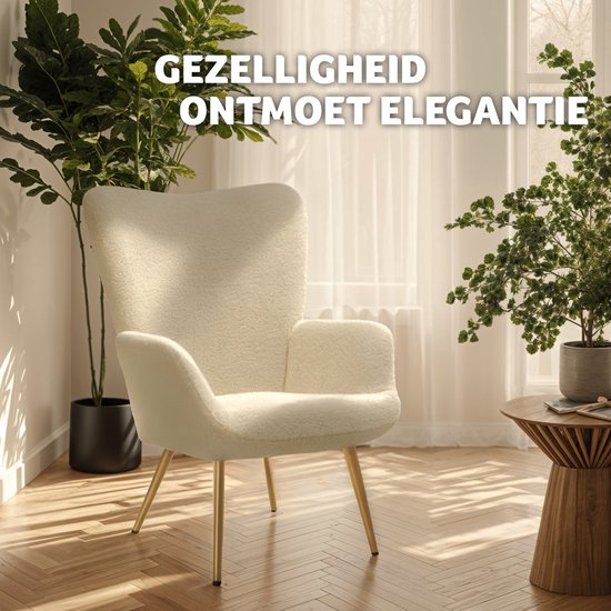 tectake® Oorfauteuil in Scandinavische stijl - Teddystoel Hygge - Stoel voor woonkamer, slaapkamer - Loungefauteuil - Goud metalen poten - Draagvermogen tot 150 kg - Crème
