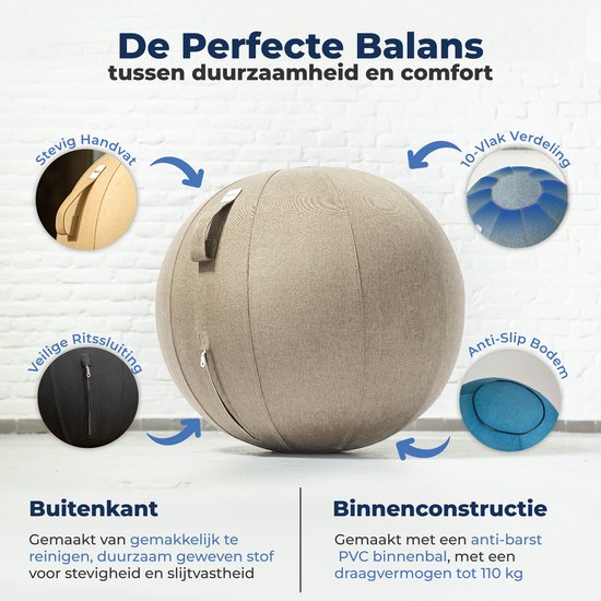 Backerz Zitbal 65 CM - Zitballen met Hoes Linnen - Ergonomische Bureaustoel Kantoor en Thuis - Luxe Yoga Bal - Zand Grijs