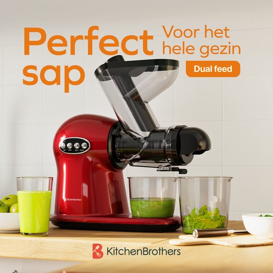 KitchenBrothers Slowjuicer XL - Sapcentrifuge - Groenten- en Fruitpers - 43 mm en 70 mm invoer - 500 ml - Rood