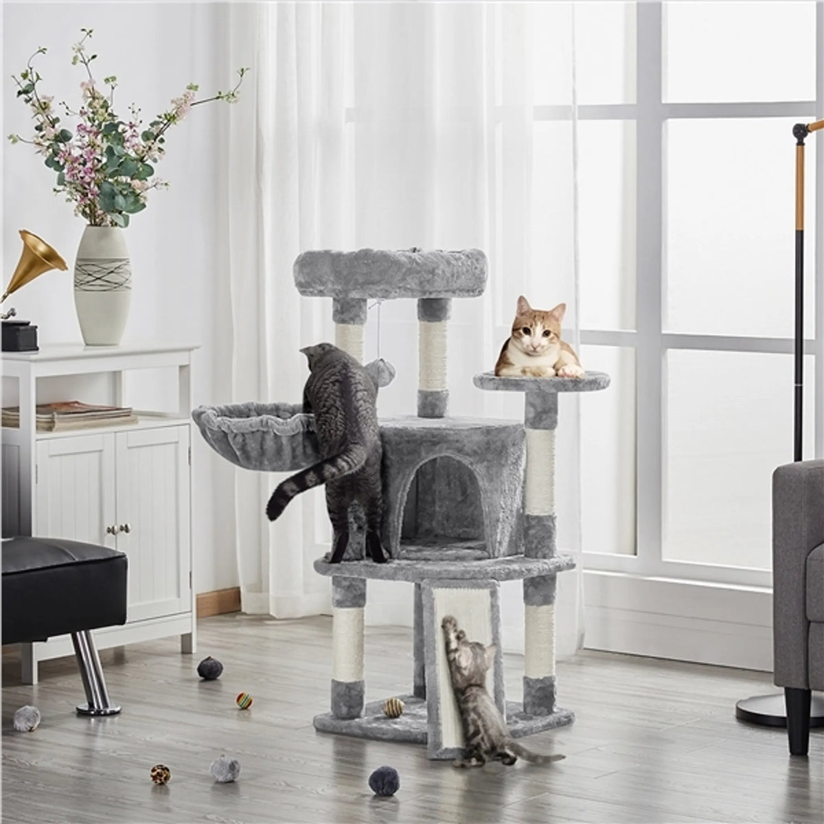 Yaheetech Krabpaal Met 5 Sisalpalen – Voorzien Van Gewatteerd Kijkplatform En Hangmat En Kattenhol – Voor 2 Tot 3 Kleine En Middelgrote Katten – Lichtgrijs Pluche En Metaal – 43,5 x 43,5 x 106 cm