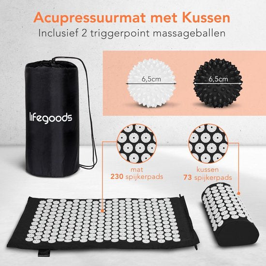 LifeGoods Spijkermat met Kussen - Shakti Mat - Acupressuur Mat - Spijkerbed - Massage Mat - Voor Pijnverlichting, Spierherstel, Stressverlichting en Meer - Incl. 2x Triggerpoint Bal - 60x40x2cm - Zwart