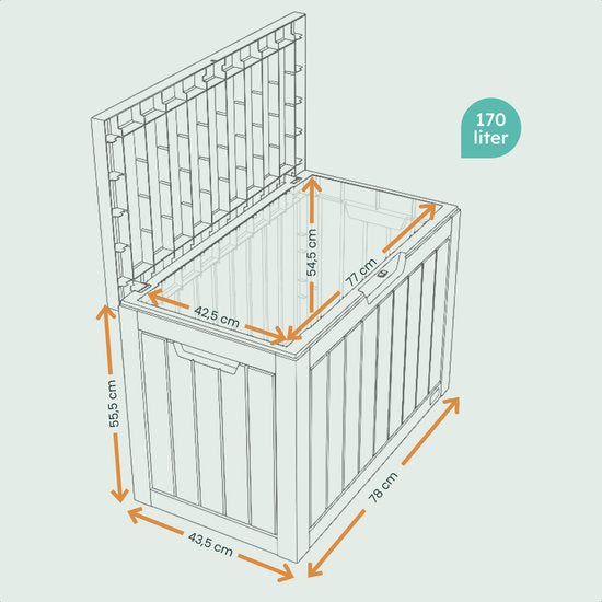 LifeGoods Opbergbox XS 170L - Tuinkussen Opbergbox - Waterdicht - Weerbestendig - Houtlook - Met Slothouder - Grijs