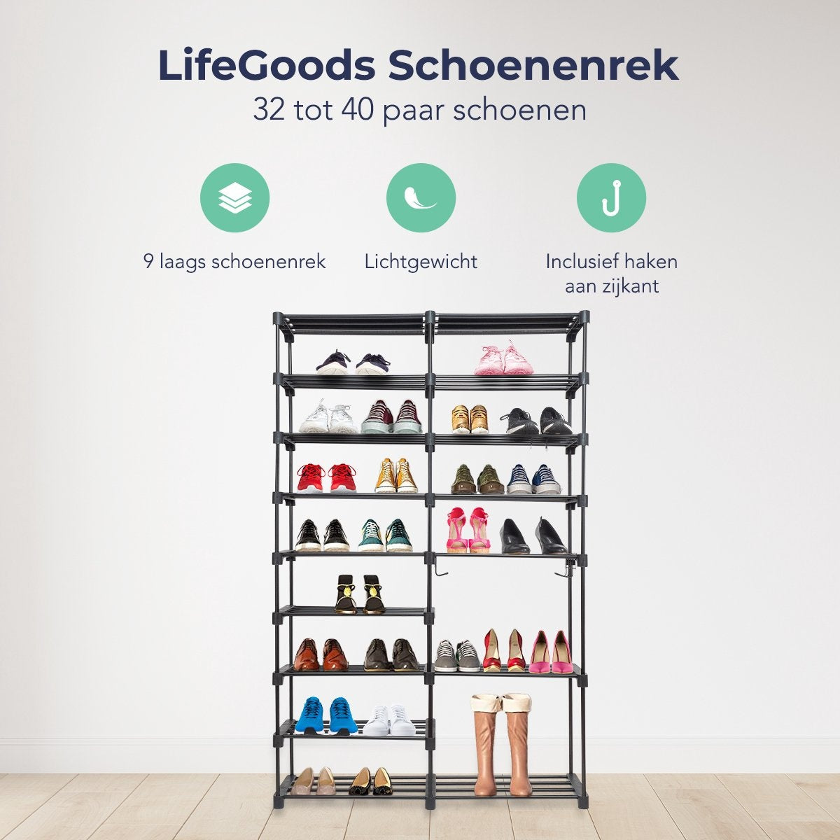 LifeGoods Schoenenrek - 9 Laags - Inclusief Haakjes - Schoenenkast - Opbergsysteem 32 Paar schoenen - Metaal - Zwart
