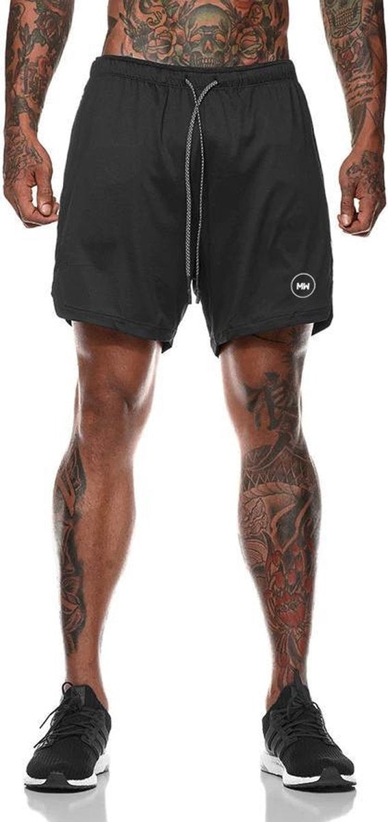 MW – Sportbroek Voor Heren – Maat M & 2-in-1 Design – Voorzien Van Mobiel Zak En Elastische Tailleband – Voor Gym En Hardlopen – Zwart Polyester