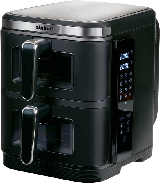 alpina Airfryer XXL - Dubbele Air Fryer 11L - Heteluchtfriteuse 2 Manden - Double Stacked voor 8 Personen - Opvouwbaar Display - Timerfunctie tot 60 Minuten - Temperatuur 60-200°C - Zwart