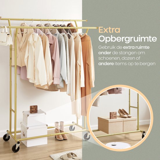 O'DADDY® Kledingrek op wieltjes - Garderoberek - Kledingstang - Verstelbaar en Uitschuifbaar - Industriële Wielen - Metaal - Stabiel tot 110 kg - Goud