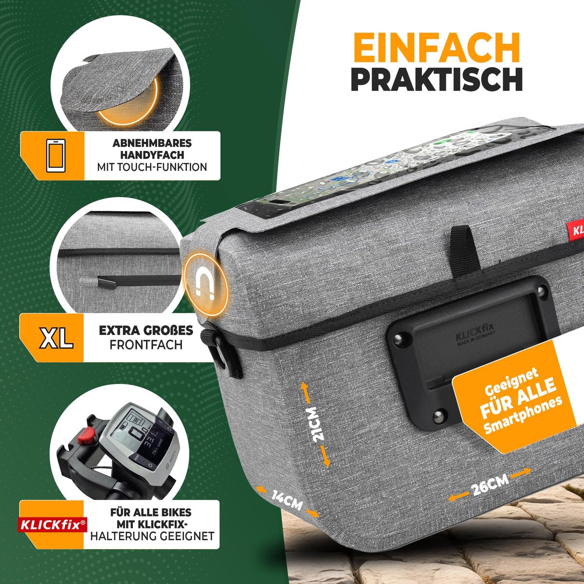 MIVELO Kinderstuurtas KLICKfix – Waterdicht – Mobielvak – Grijs
