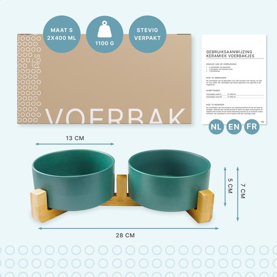 Voerbak Kat en Hond Keramiek - Voerbakken Dubbel met Standaard - Drinkbak - 2x 400 mL - Groen Mat