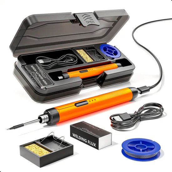 Tech Essentials Draadloze Soldeerbout - 8W - USB-C - Met Tin - Kit - Fijnsoldeerwerk - Pen - Accu - Soldeerset - Solder - Elektrisch Gereedschap - Oranje