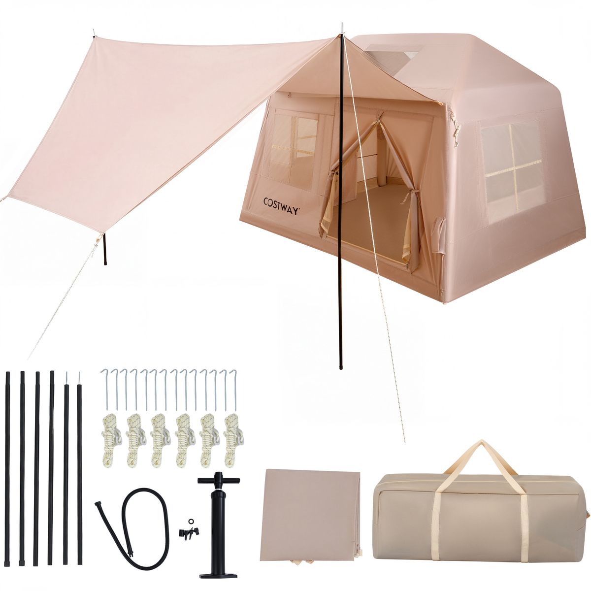 Coast Opblaasbare Campingtent - geschikt voor 4-6 personen - snel op te zetten - khaki 253 x 213 x 183 cm