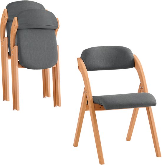 SoBuy Set van 2 Klapstoel, Bureaustoel met Gestoffeerd Zitkussen, Eetkamerstoel, Natuur/Donkergrijs, 47.5x77x59 cm, FST92-SGx2 - voor eetkamer, balkon of kantoor