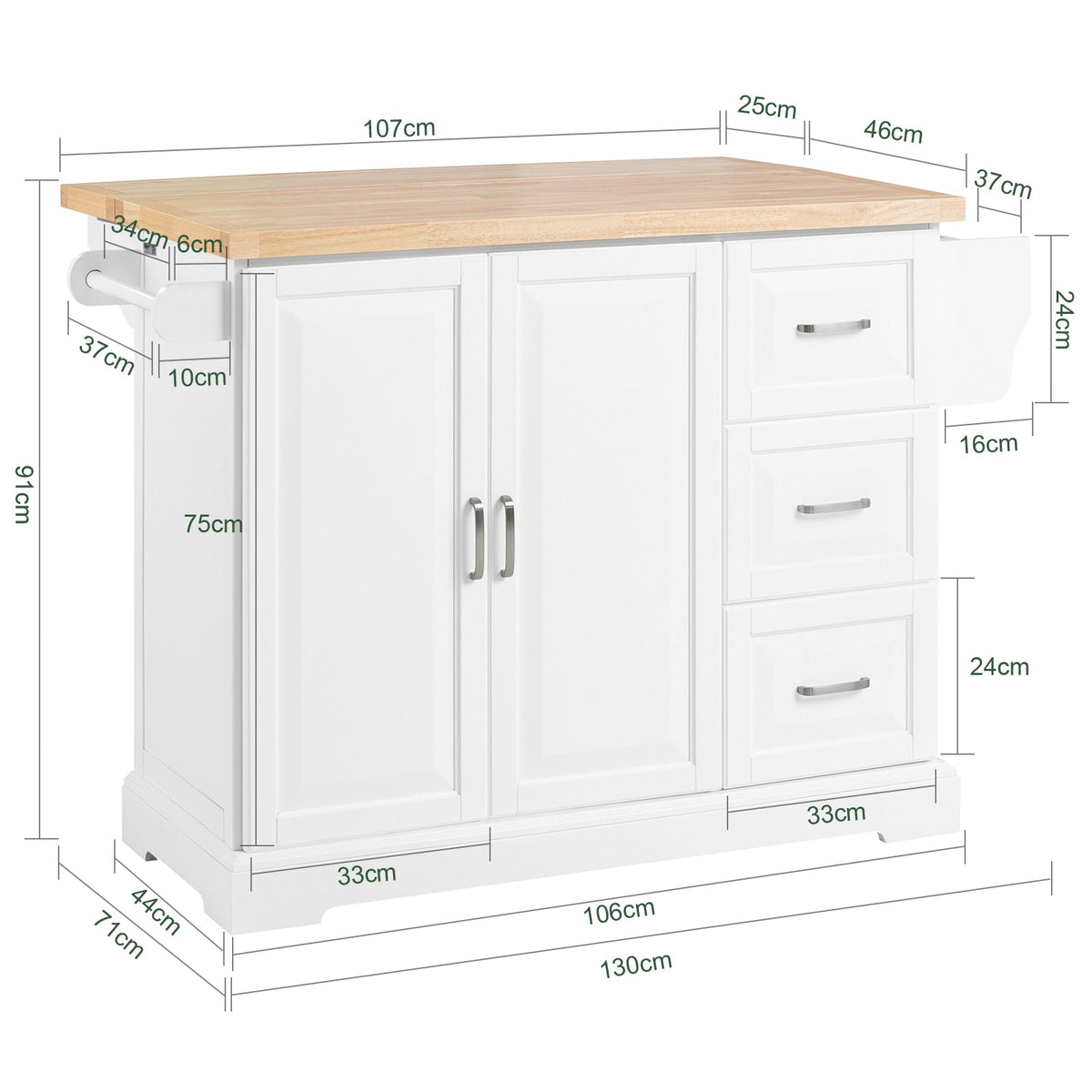 SoBuy Mobiel Keukeneiland met Wielen – Uitschuifbaar Werkblad – 3 Lades & Kast – 130 cm