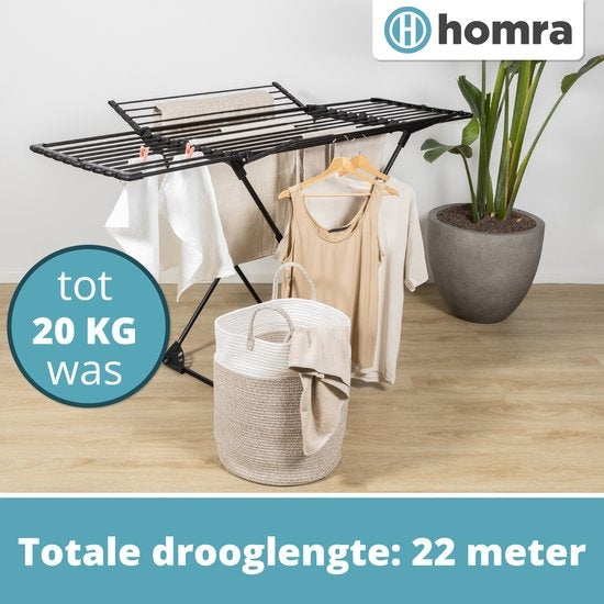 Homra Wasrek Inklapbaar - Tot 22m Was - Staand Droogrek Inklapbaar - Ruimtebesparend Wasrek - Droogrekken - Ecologisch Was Drogen - 182x97x103 CM - Metaal Zwart - Geschikt voor Grote Gezinnen