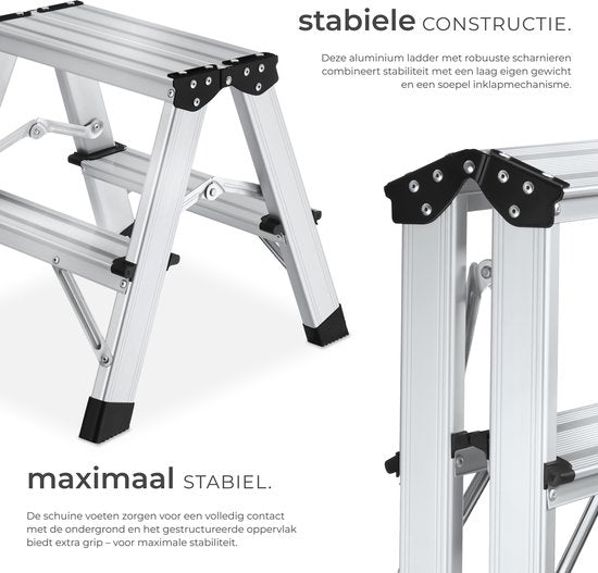 tectake® Dubbelzijdige Aluminium Keukentrap - 2 Treden - 38,5 cm - Stevige Trap Ladder - Opklapbaar Opstapje - Antislip Huishoudtrap