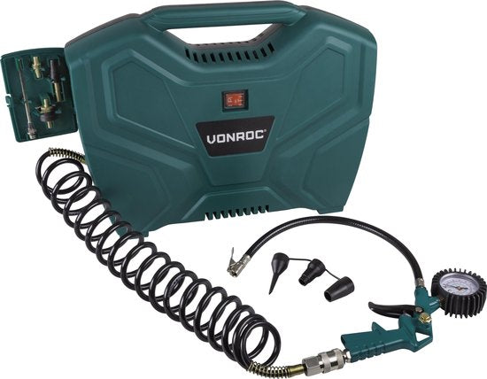 VONROC Draagbare Compressor – 1100W – 8 bar – Olievrij – 180 l/m – Incl. 11 accessoires