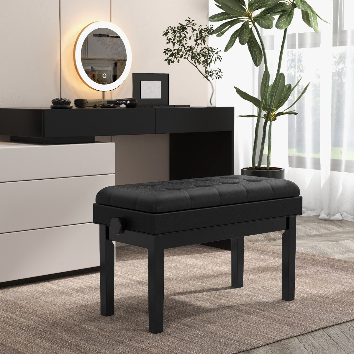 Verstelbare duet-pianobank met Opbergruimte en Waterdicht gewatteerd kussen - 6 x 36 x 48-58 cm - Zwart