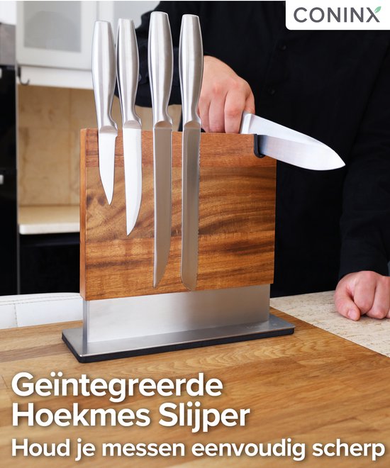 Coninx Vertico Messenblok Magnetisch - Messenmagneet met messenslijper - RVS Voet - Magneet Tweezijdig - Messenblok zonder messen - RVS / Acaciahout