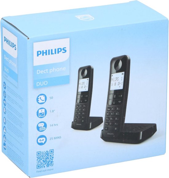 Philips Draadloze Telefoon D2752B/12 - DECT - 2 Handsets - Huistelefoon - Vaste Lijn - Zwart - 7x16.5x18.5 cm