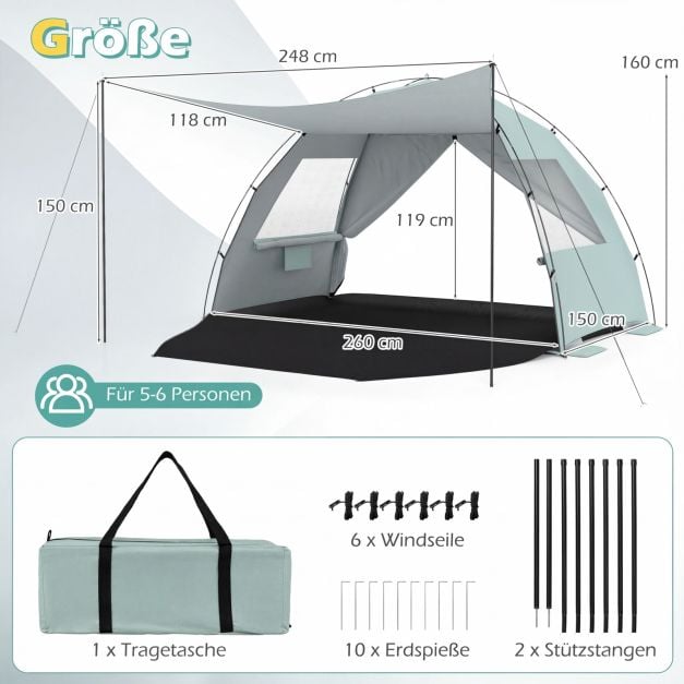 Coast Strandtent 260 × 150 × 160 cm – Beach Shelter met Luifel, UPF 50+ UV-Bescherming, Mesh Ramen & Draagtas – Groen