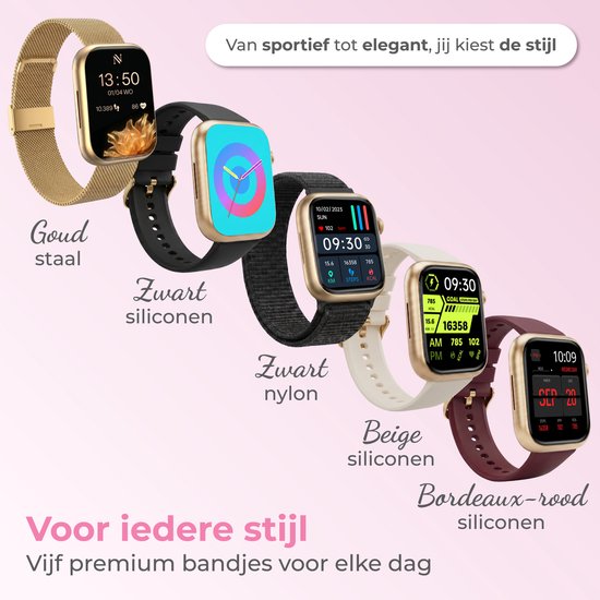 Nuvance Smartwatch Dames - Stappenteller Horloge Dames - Hartslagmeter - Sporthorloge - Geschikt voor iOS/Android - AMOLED - Incl. 5 Bandjes - Goud