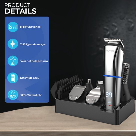 Vertrex 6 in 1 Baardtrimmer Pro+ Bodygroomer Mannen - Neustrimmer - Tondeuse - Scheerapparaat - Trimmer Baard en Lichaam