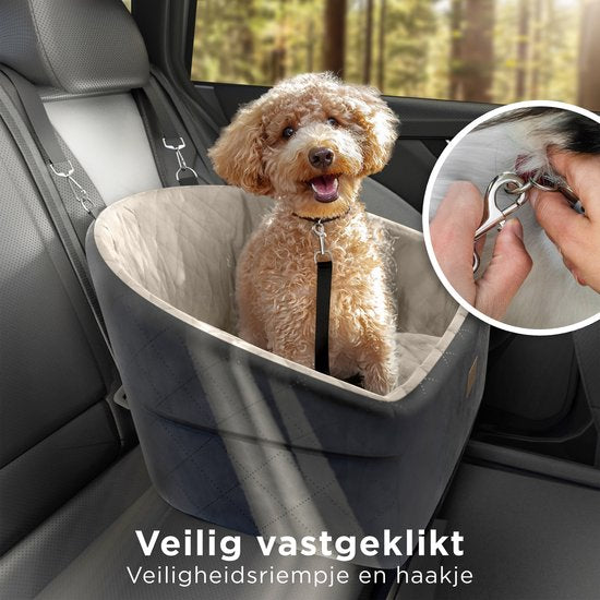 CozySense® Honden Autostoel - Veilige Hondenmand Auto voor Kleine Hond - Voorbank & Achterbank - Met Veiligheidsriem, Opbergvak & Wasbare Hoes - Zwart/Beige