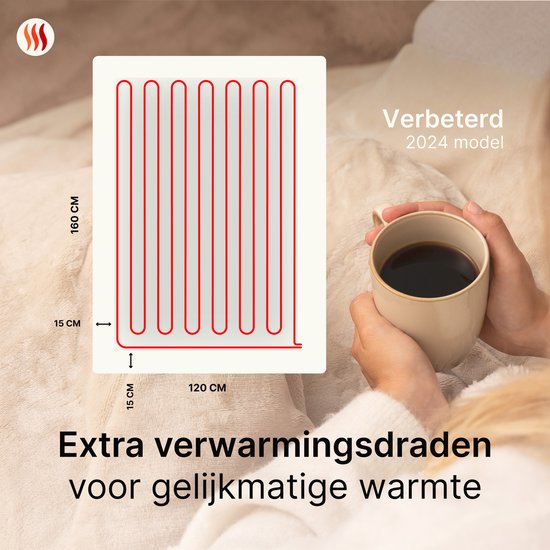 Seranova Elektrische Deken - Extra Warmtedraden - Premium Model - 160x120 cm - 1 persoons Warmtedeken - Dubbelzijdig Fleece Sherpa - Crème beige
