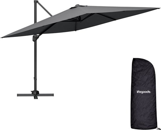 LifeGoods Zweefparasol - 294x294 cm - Kantelbaar - 6 Standen - Waterdicht - met Hoes - Antraciet