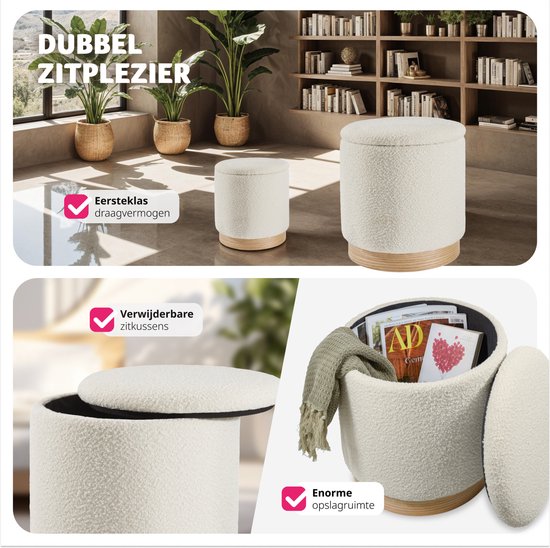 tectake® - Set van 2 krukken met opbergruimte - bouclé teddy stof - Scandi - Gestoffeerde kruk rond - Voor make-uptafel, slaapkamer, woonkamer - 2 maten (38 en 32cm)