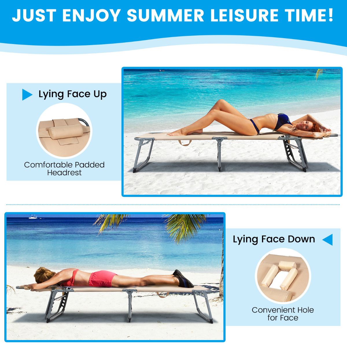 Coast Ligstoel opvouwbaar met Hoofdsteun - Max. 150 kg - 194 x 60 x 36 cm - Beige