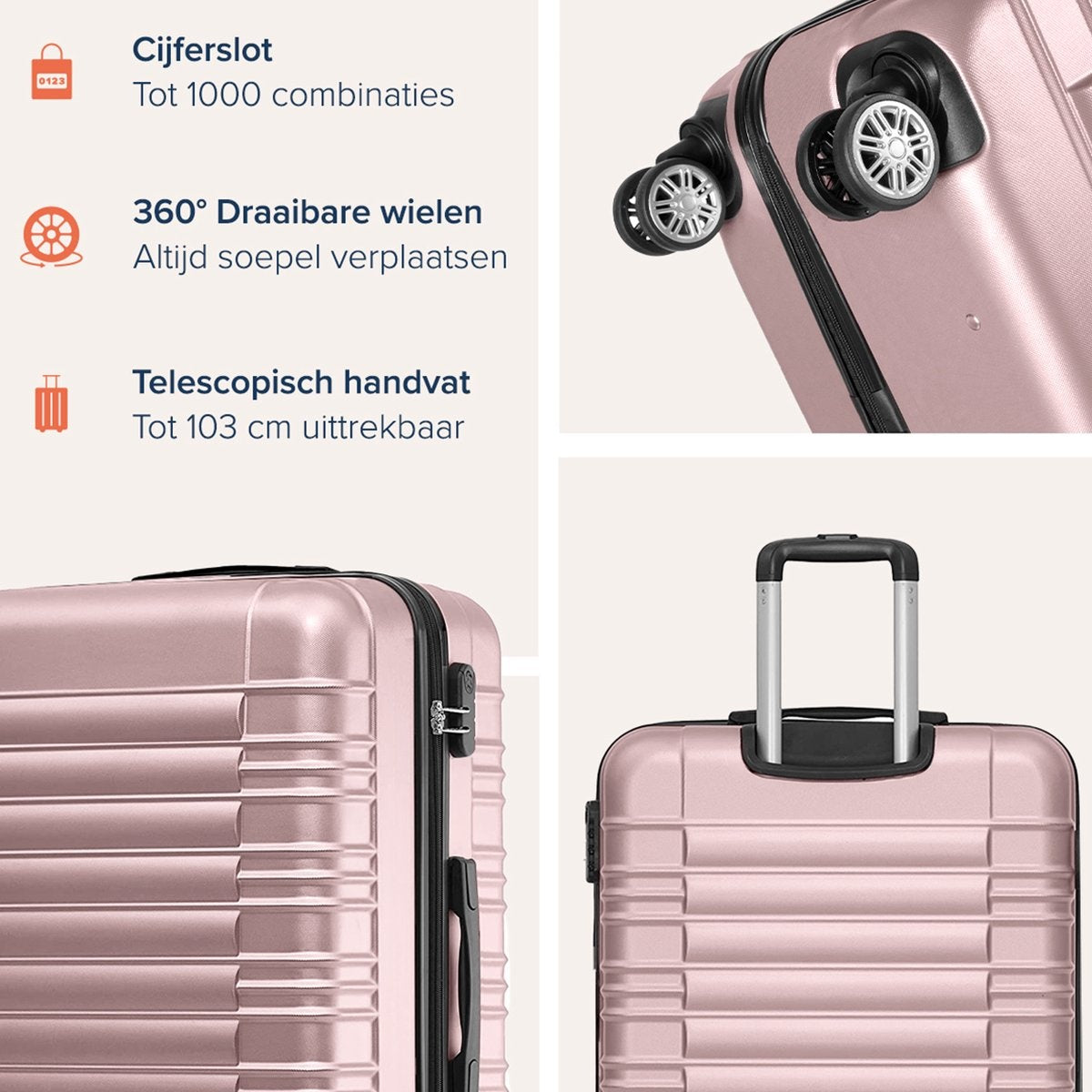 TRVLMORE Kofferset - 3 Delig - 38L Handbagage + 70L en 110L Ruimbagage - Roségoud