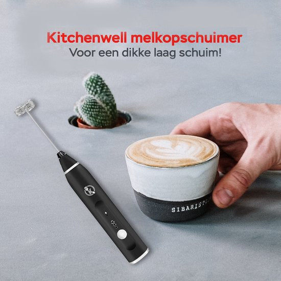 Kitchenwell Elektrische Melkopschuimer - Melkopschuimer handmatig - Melkopklopper - 3 snelheden - Zwart