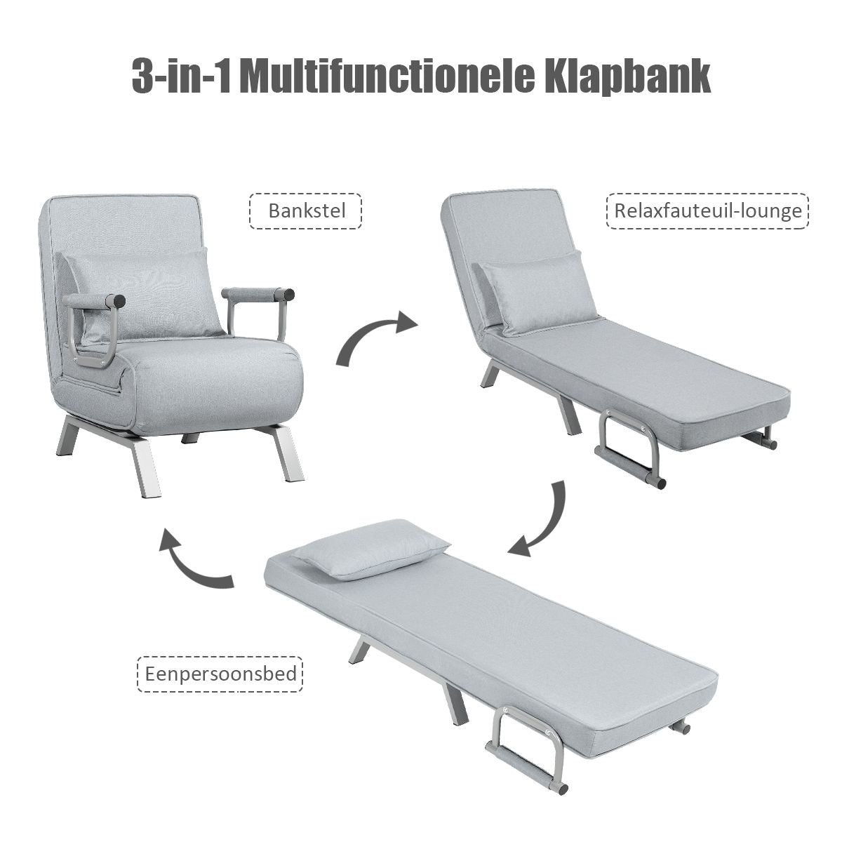 Coast Cabrio Sleep Sofa Vouwbare fauteuil Besinbedbank Bank Bed 5-Positie Liesstoel Lichtgrijs