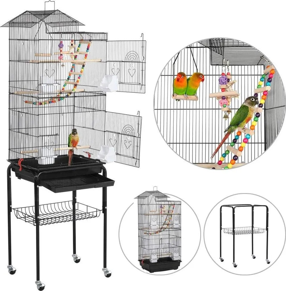 Yaheetech Vogelkooi XL - Met Standaard/Wielen - 46 x 35,5 x 158,5 cm - Zwart