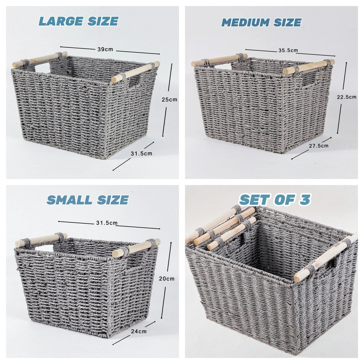 KEVAHOME Handgeweven Opbergmanden met Houten Handgrepen - Set van 3 - Natuurlijk en Decoratief