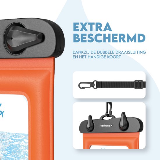 Travelly ® – Waterdicht Telefoonhoesje Set van 2 – Universeel Onderwater Hoesje voor Smartphone – Geschikt voor alle telefoons – Drybag – Voor Vakantie, Zwemmen & Watersport – Zwart/Oranje