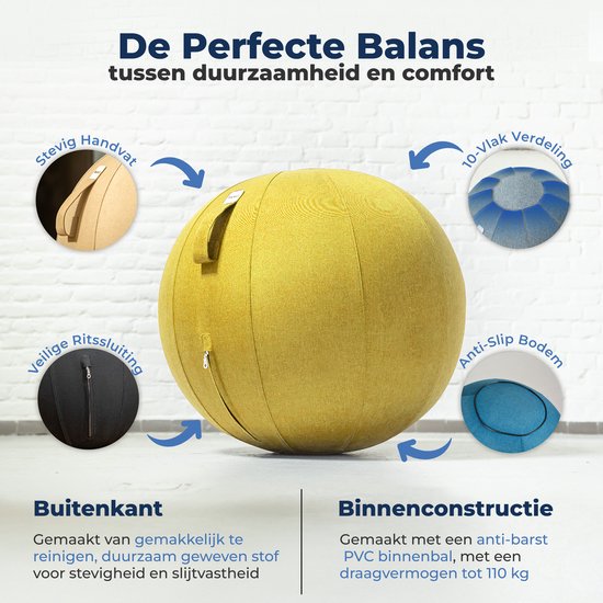 Backerz Zitbal 65 CM - Zitballen met Hoes Linnen - Ergonomische Bureaustoel Kantoor en Thuis - Luxe Yoga Bal - Geel