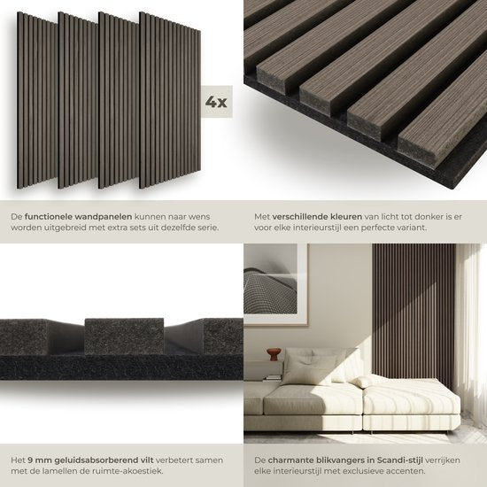 tectake® Akoestische Panelen - Set van 4 - Akoestisch Wandpaneel - 50 x 110 cm - 2,2 m² - Wandpanelen met Aanpasbare Grootte - Lattenwand van MDF en Houtfineer - Geluidsisolatie - Stijlvolle Wanddecoratie - Eenvoudige Montage - Eiken Grijs