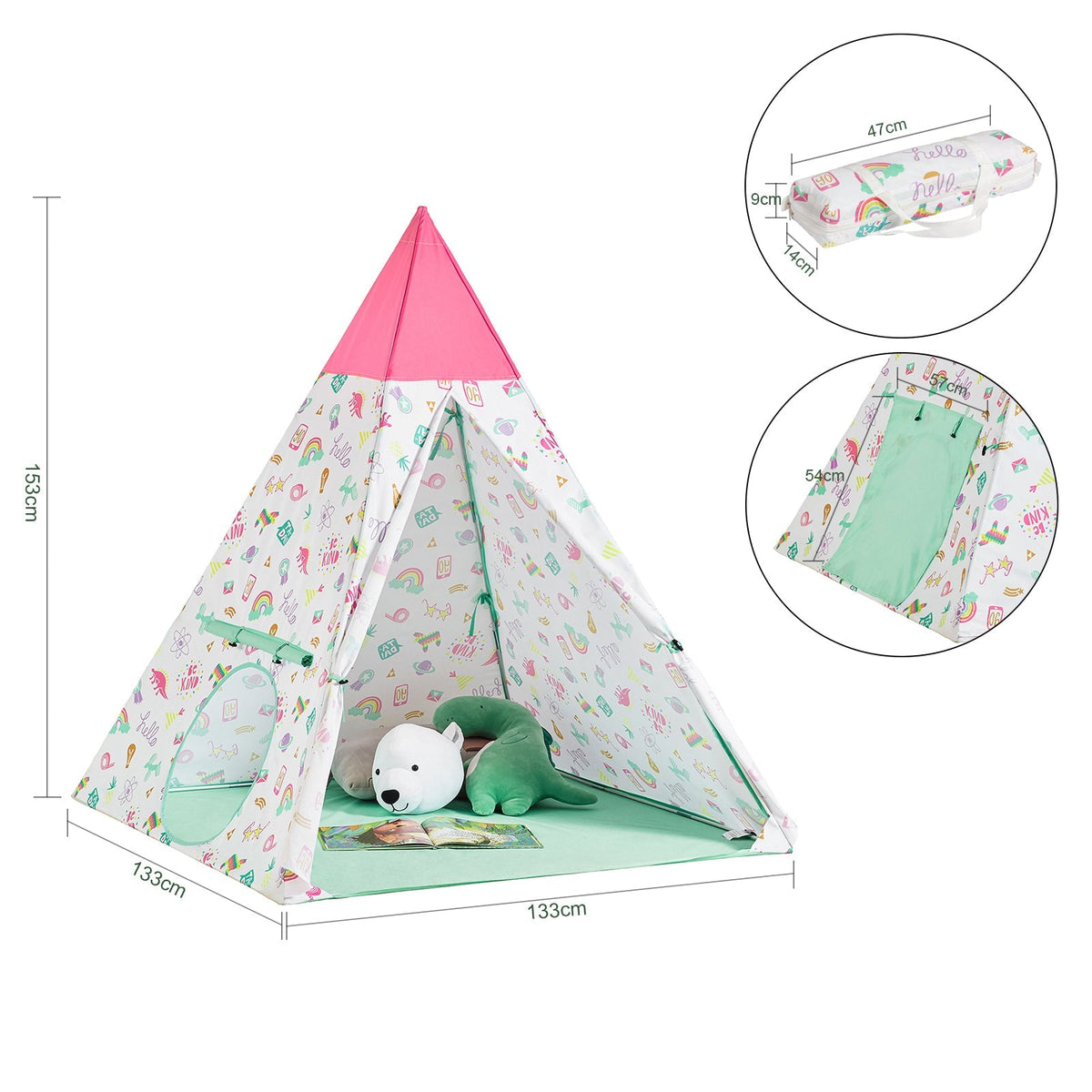 SoBuy OSS06 - Tipi Speeltent voor Kinderen - Met Draagtas - 133 x 133 x 153 cm - Wit/Roze