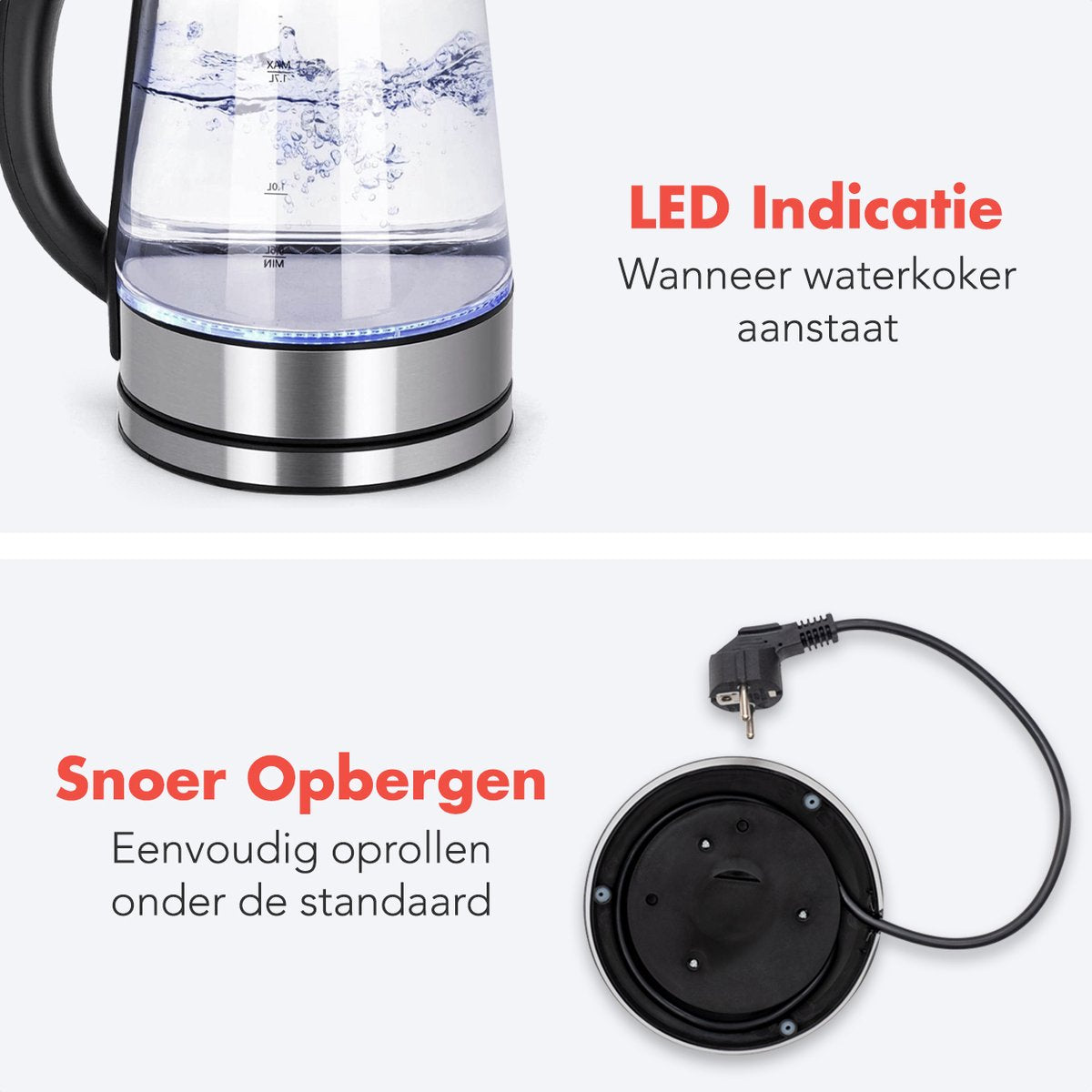 KitchenBrothers Waterkoker - 1.7L - Glas - BPA vrij - 2200W - 24.51x16.04x22.70 cm - Glas|Zonder temperatuurregeling