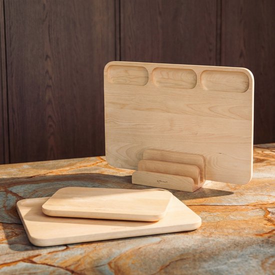 Safecourt Kitchen 3 delige houten snijplanken set [100% vrij van microplastics] - inclusief opbergstand - FSC gecertificeerd berkenhout