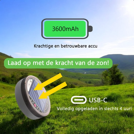 Tech Essentials Solar Camping Lichtsnoer - 100LEDs - 10M - Warm-Wit Licht - Tentlamp - USB-Oplaadbaar - Met Afstandsbediening - Oprolbaar - Kampeerlamp - Zonneenergie Hanglamp - Nood